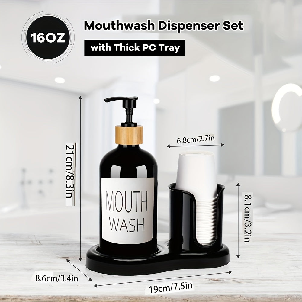 Refillable Freestanding Mouthwash Dispenser (16 Oz, Cup Holder)