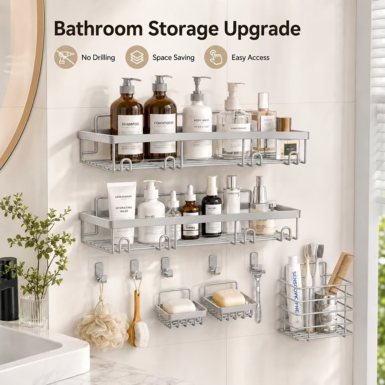 No-Drill Rustproof Stainless Steel Shower Caddy Set (5-Piece)