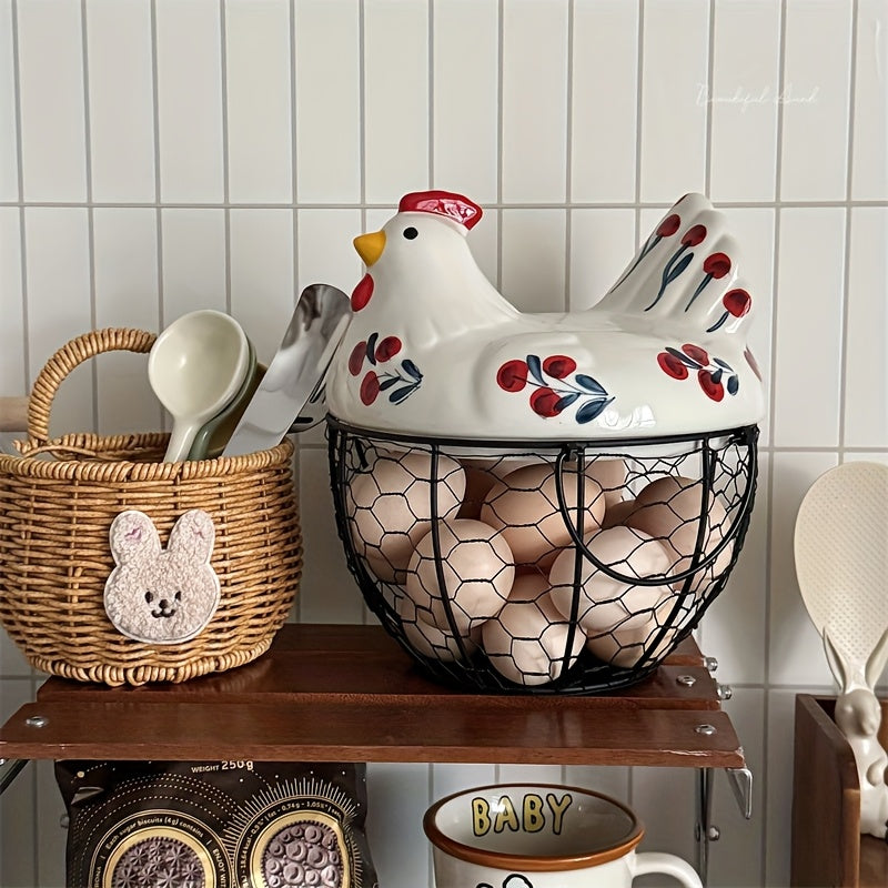 Dustproof Ceramic & Wire Egg Basket (Hen-Shaped)