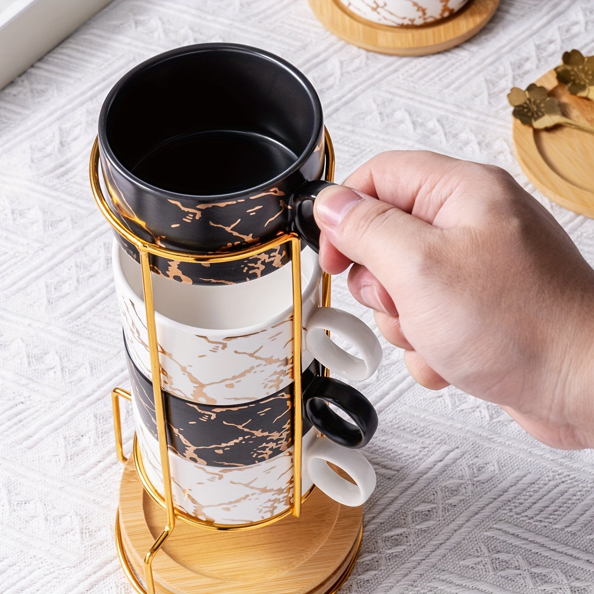 Stackable Marble Ceramic Coffee Cups (Set of 4)