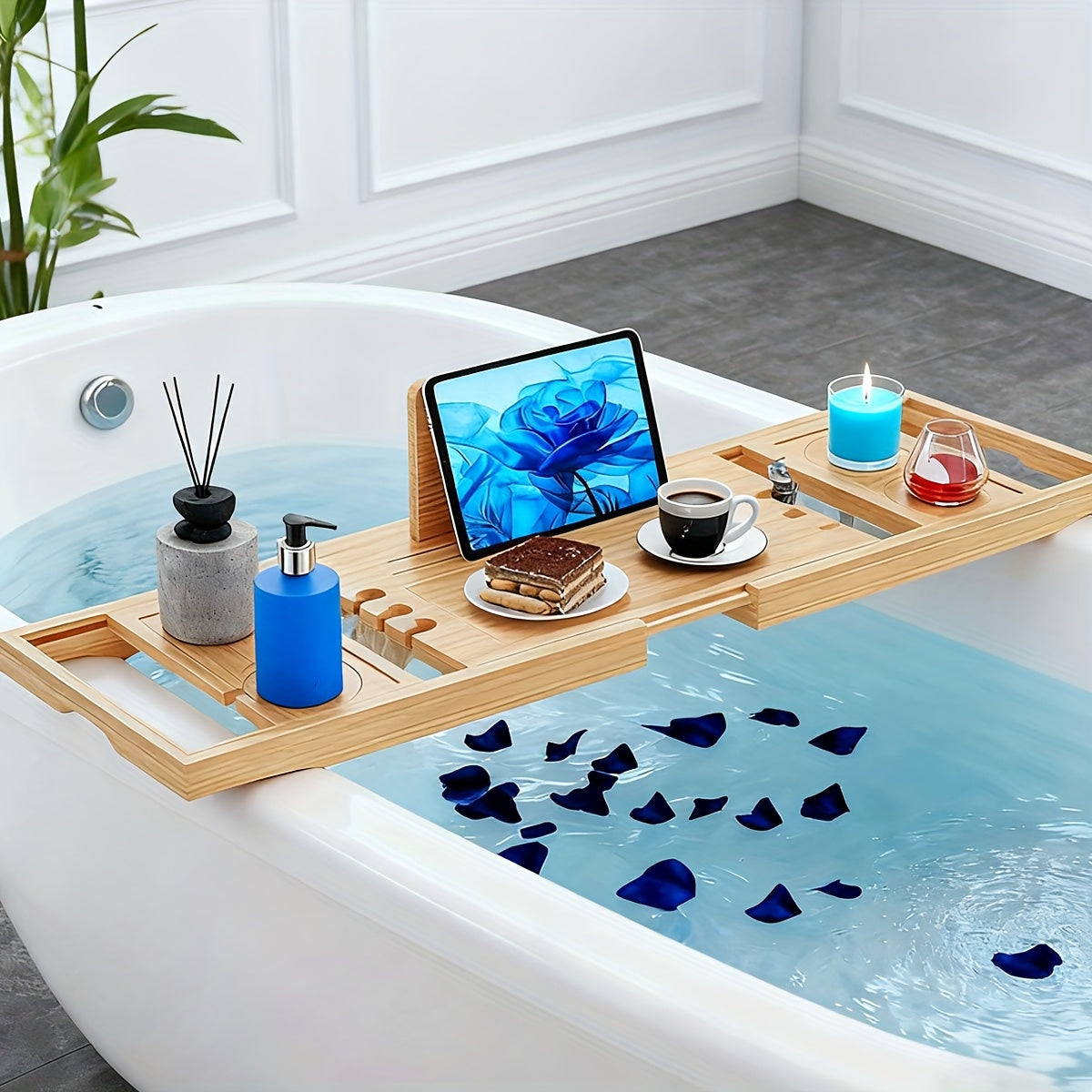 Retractable Bamboo Multi-Slot Bathtub Caddy