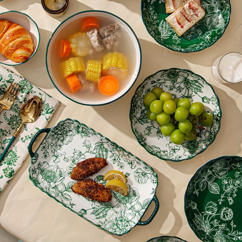 Green Rose Floral Ceramic Tableware Set (Multi-Piece)