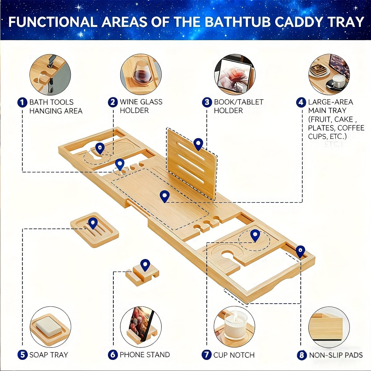 Retractable Bamboo Multi-Slot Bathtub Caddy