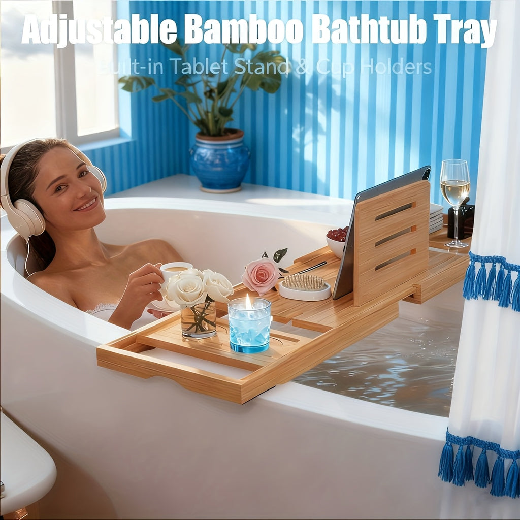 Retractable Bamboo Multi-Slot Bathtub Caddy