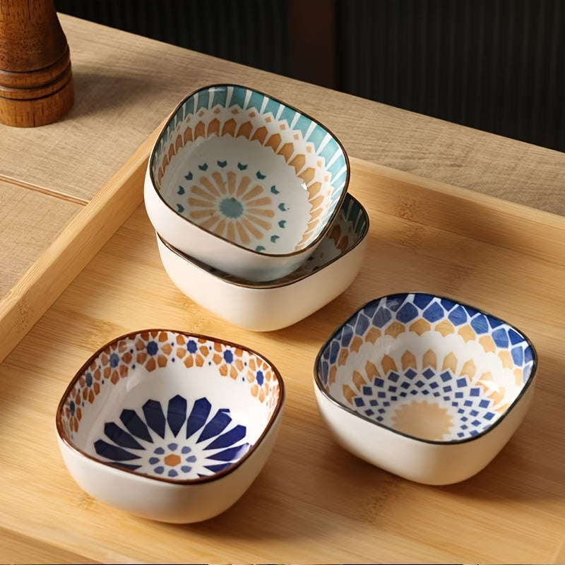 Bohemian Hand-Painted Ceramic Square Bowl Set (Set of 6)