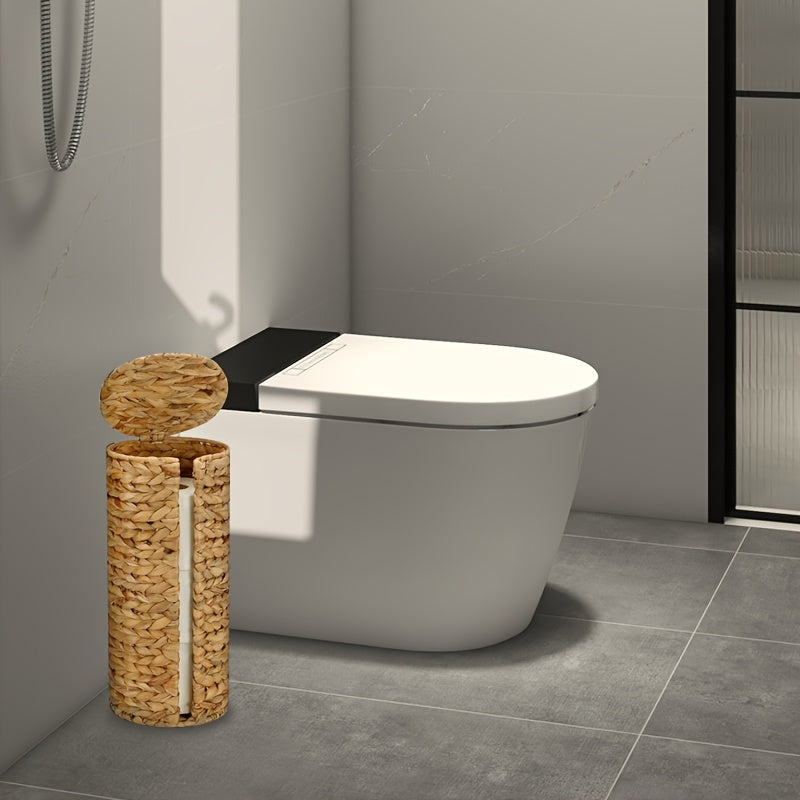 Vertical Woven Rattan Toilet Paper Storage Basket (With Lid)