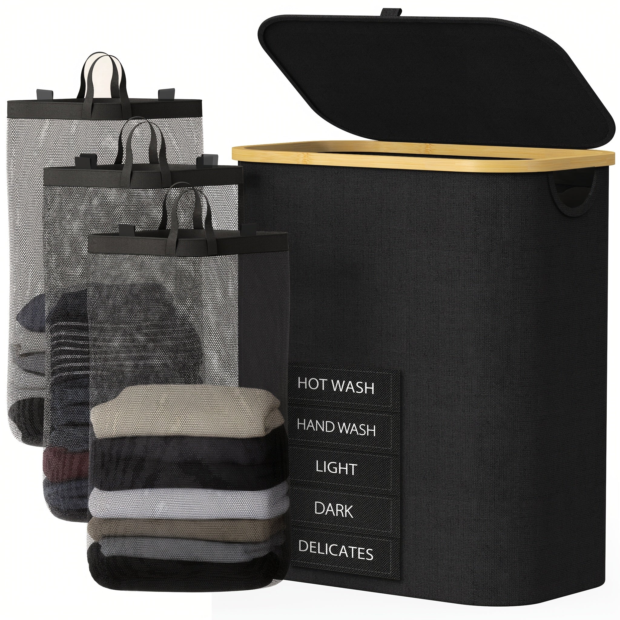 3-Section Bamboo Laundry Hamper (Removable Washable Bags)