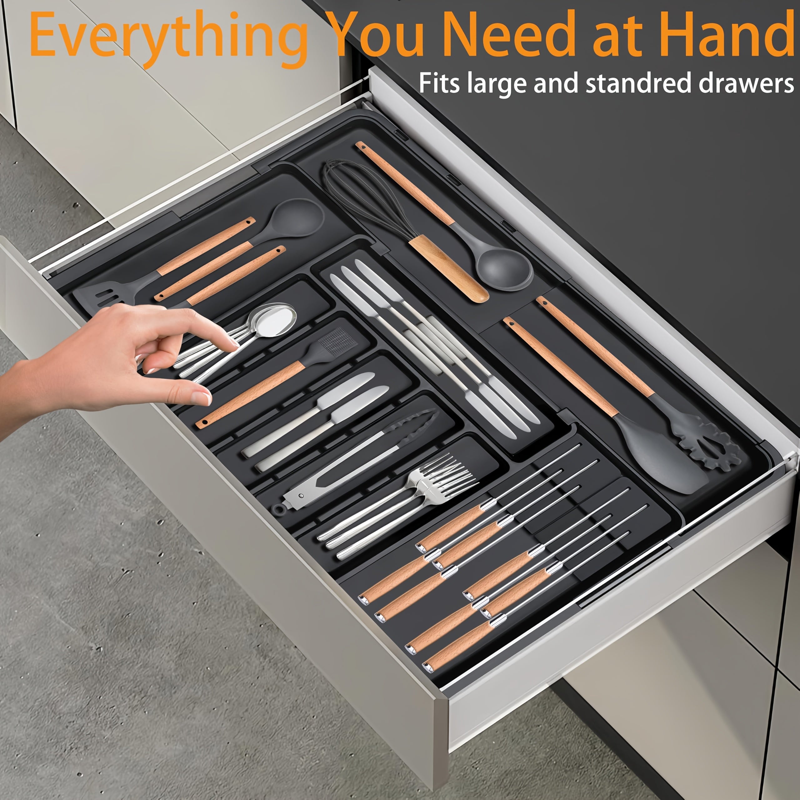 Expandable Tension-Mount Silverware Organizer (Removable Knife Blocks)