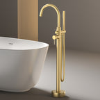 Brushed Brass Ceramic Valve Freestanding Tub Faucet