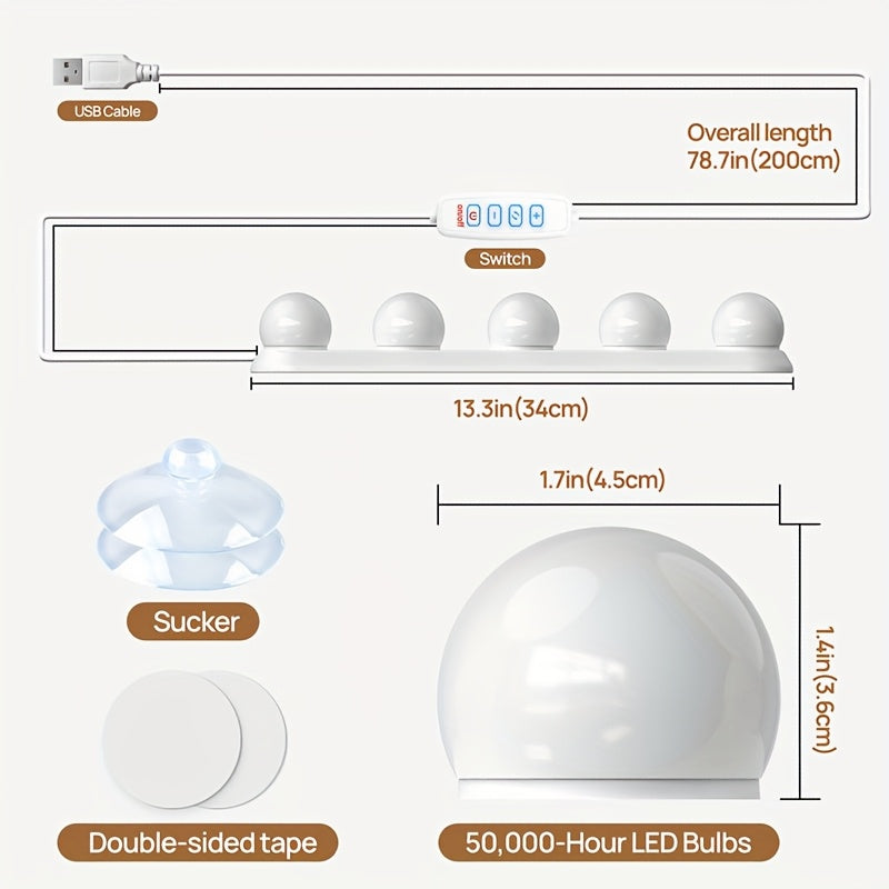 Adjustable Brightness & Color Modes LED Vanity Mirror Lights (USB Powered)
