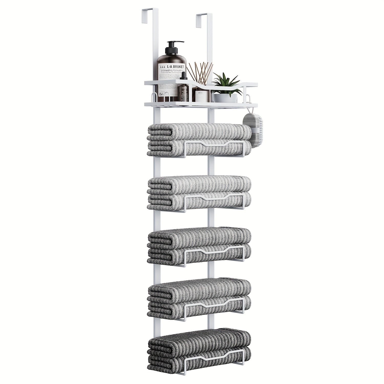 No-Drill 6-Tier Stainless Steel Over-Door Towel Rack (With Storage Basket)