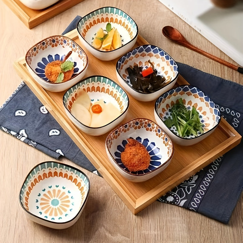 Bohemian Hand-Painted Ceramic Square Bowl Set (Set of 6)