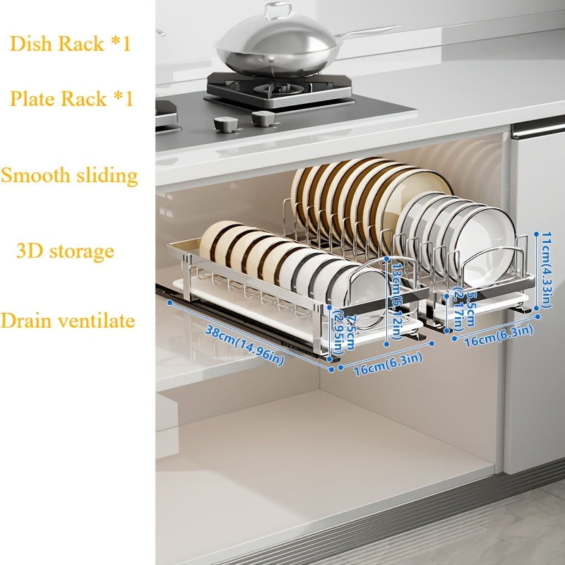 Stainless Steel Pull-Out Dish Rack (Adjustable Dividers & Drain Tray)