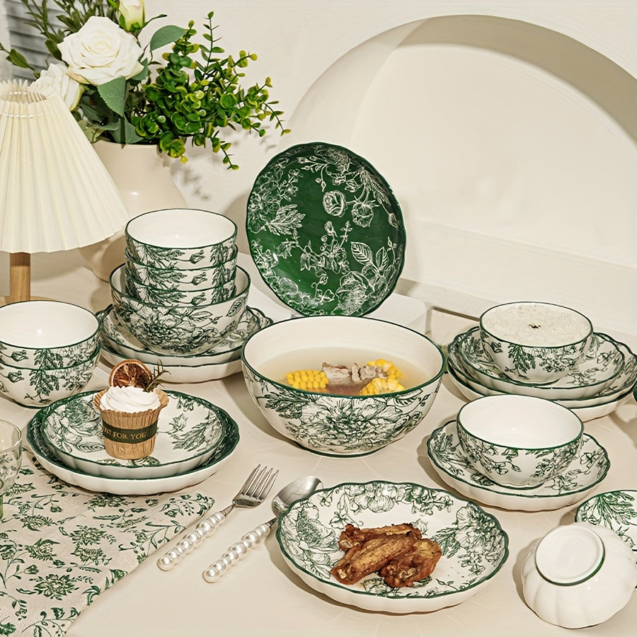 Green Rose Floral Ceramic Tableware Set (Multi-Piece)