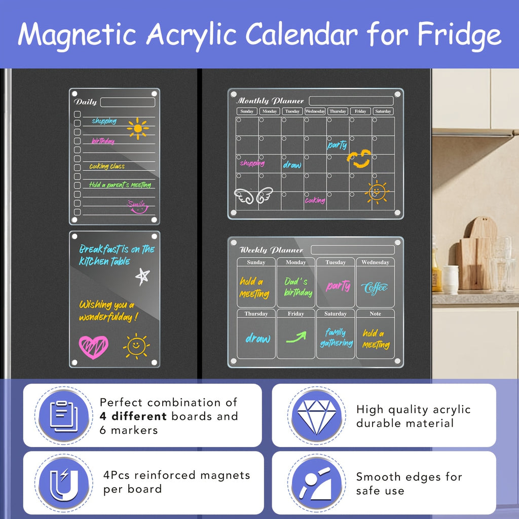 Clear Acrylic Magnetic Dry-Erase Fridge Calendar (With 6 Markers)