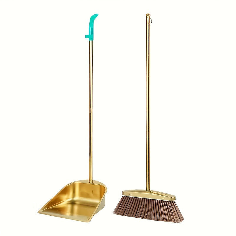 Gold-Finish Stainless Steel Standing Broom & Dustpan Set