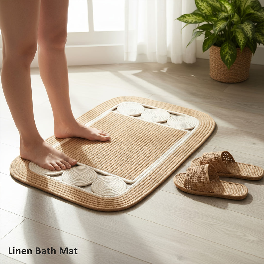 Handwoven Linen Non-Slip Toilet Rug & Bath Mat Set (Set of 2)