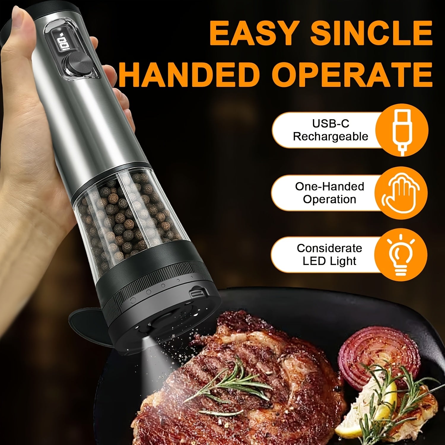 USB-Rechargeable Adjustable Grind Salt & Pepper Grinder Set (Set of 2)