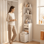 Space-Saving Multi-Tier Floor-Mounted Corner Bathroom Shelf (With Pull-Out Laundry Basket)
