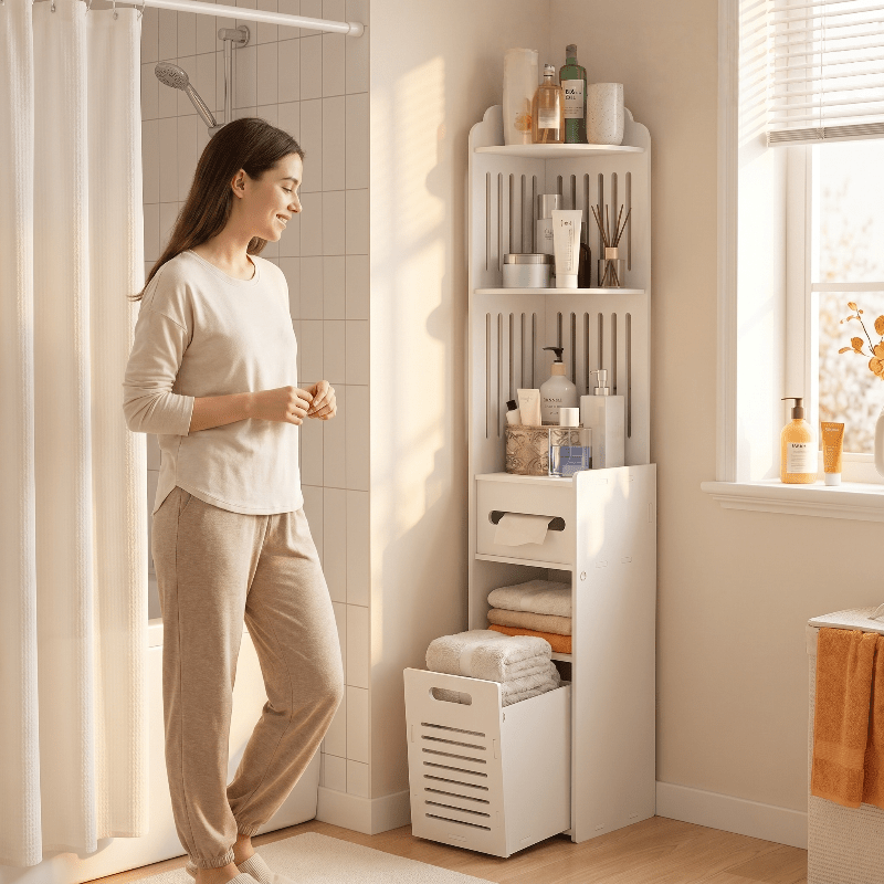Space-Saving Multi-Tier Floor-Mounted Corner Bathroom Shelf (With Pull-Out Laundry Basket)