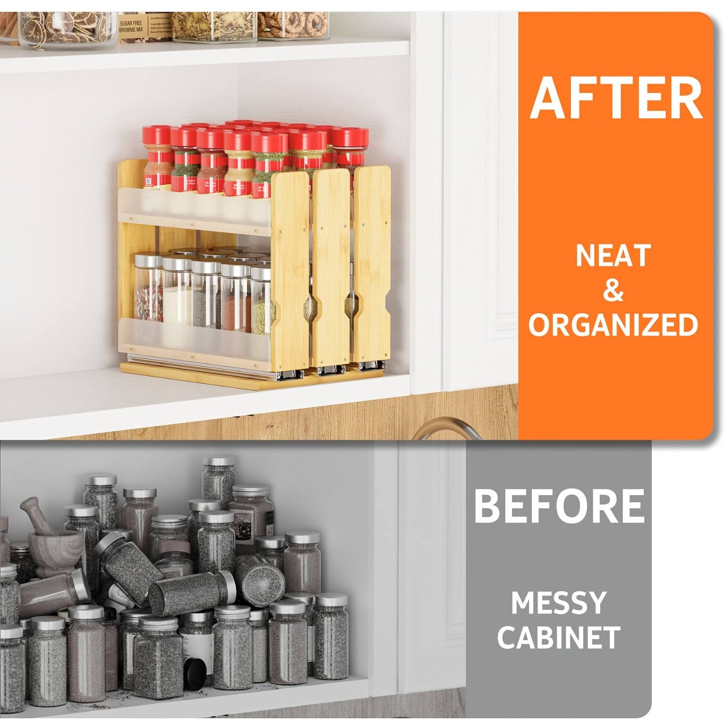 Vertical Space-Saving Bamboo Spice Rack Organizer (3 Sliding Shelves)