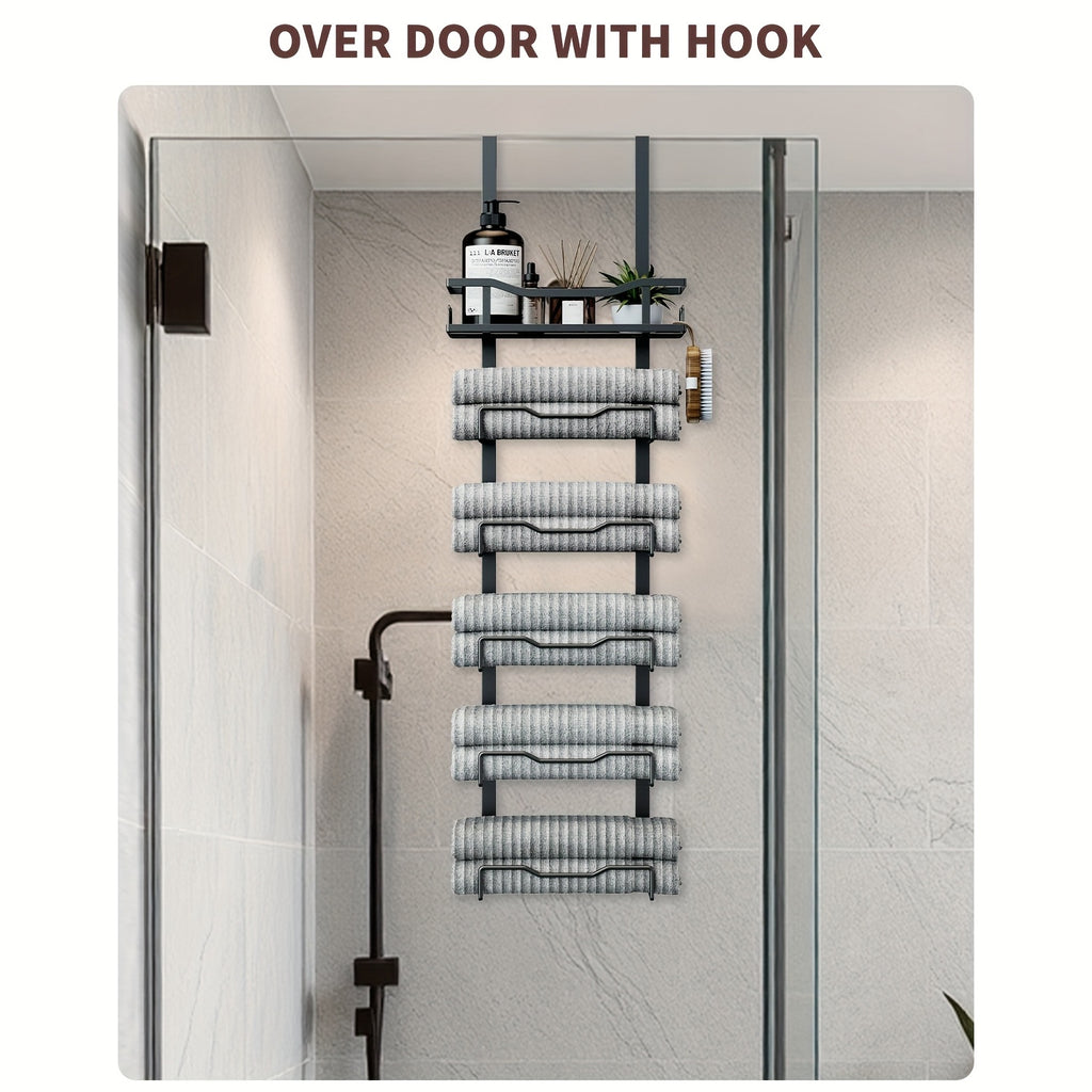 No-Drill 6-Tier Stainless Steel Over-Door Towel Rack (With Storage Basket)