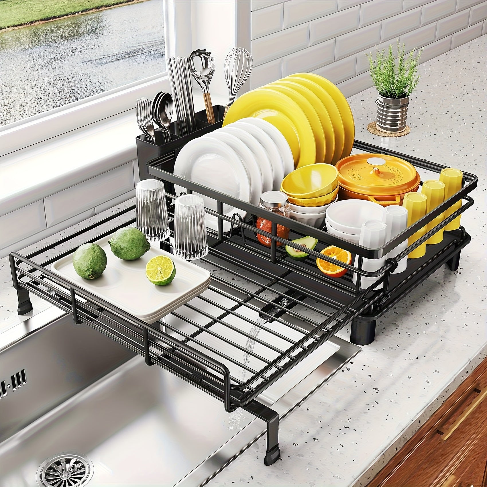 Extendable & Foldable Stainless Steel Dish Drying Rack (With Utensil Holder)