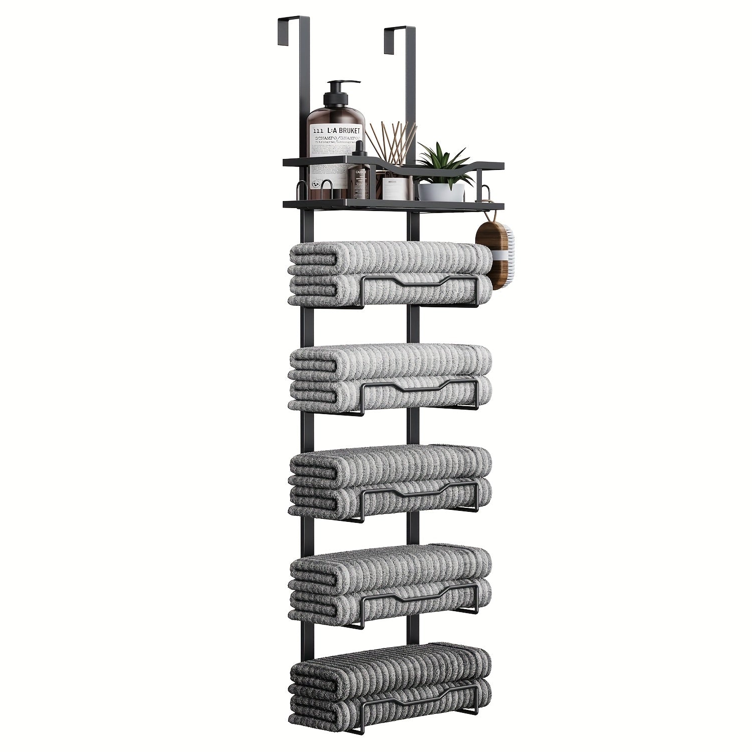 No-Drill 6-Tier Stainless Steel Over-Door Towel Rack (With Storage Basket)