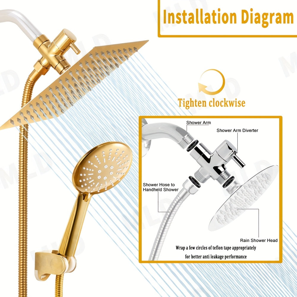 All-Metal Gold Rainfall & Handheld Shower Set (3-Way Diverter)
