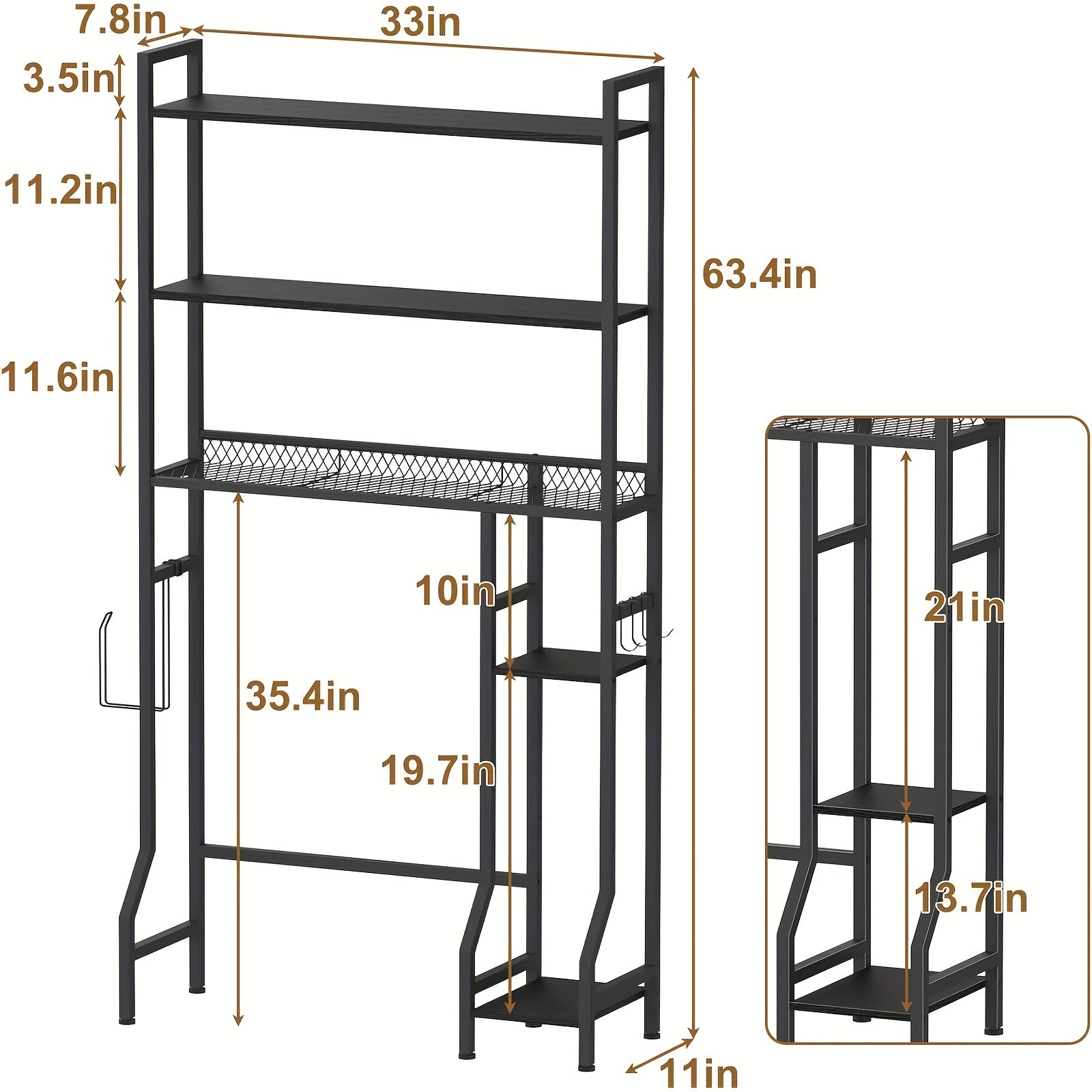 Space-Saving 3-Tier Wood Over-Toilet Shelf (Freestanding, Paper Holder & Hooks)