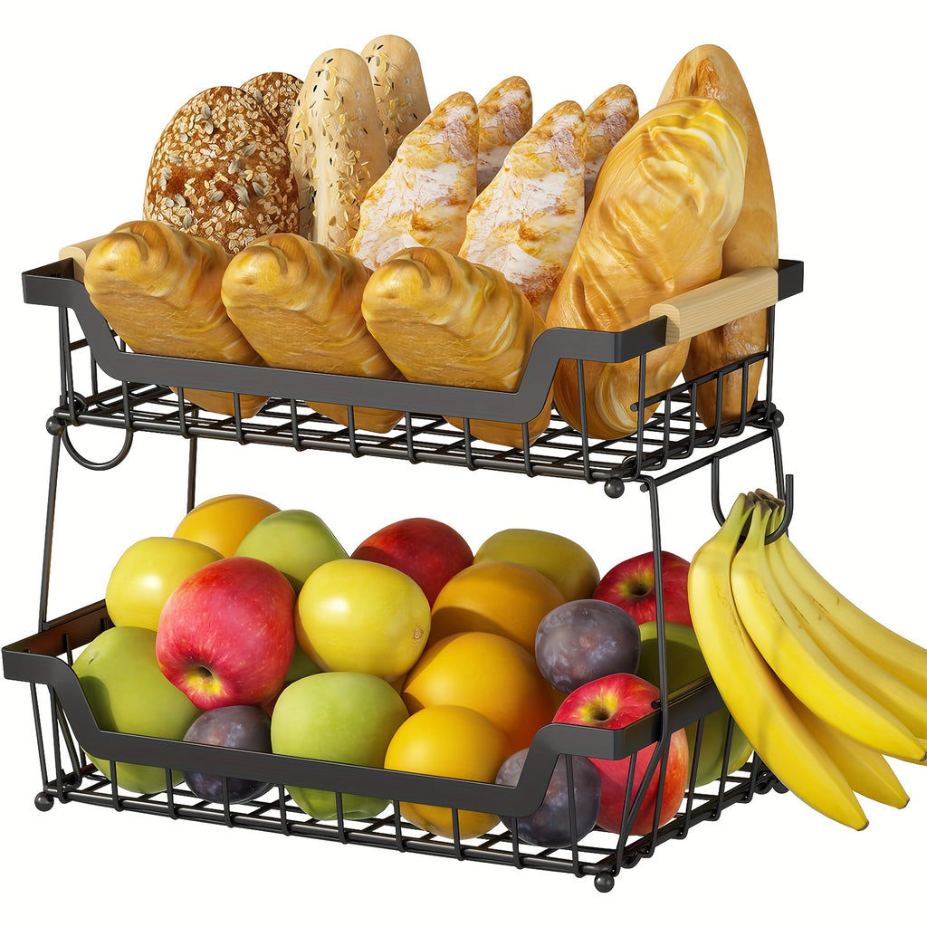Dual-Tier Metal Countertop Fruit Basket (With Banana Hangers)