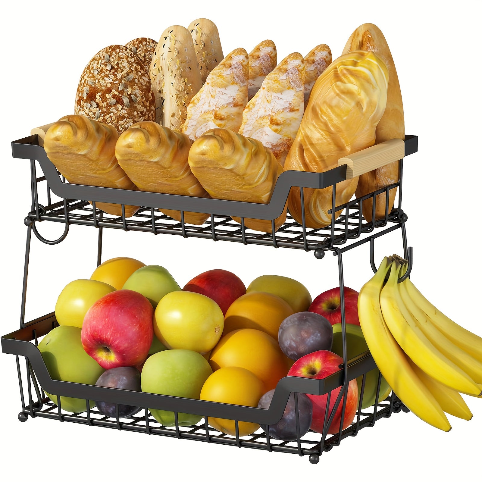 Dual-Tier Metal Countertop Fruit Basket (With Banana Hangers)
