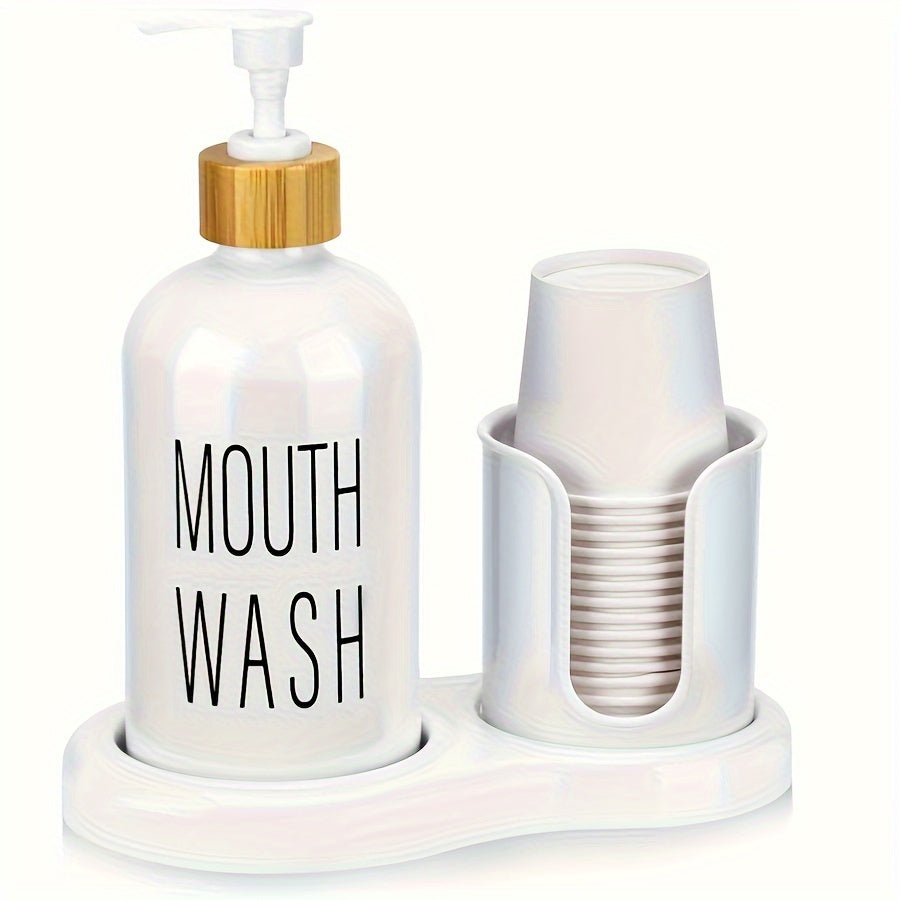 Refillable Freestanding Mouthwash Dispenser (16 Oz, Cup Holder)