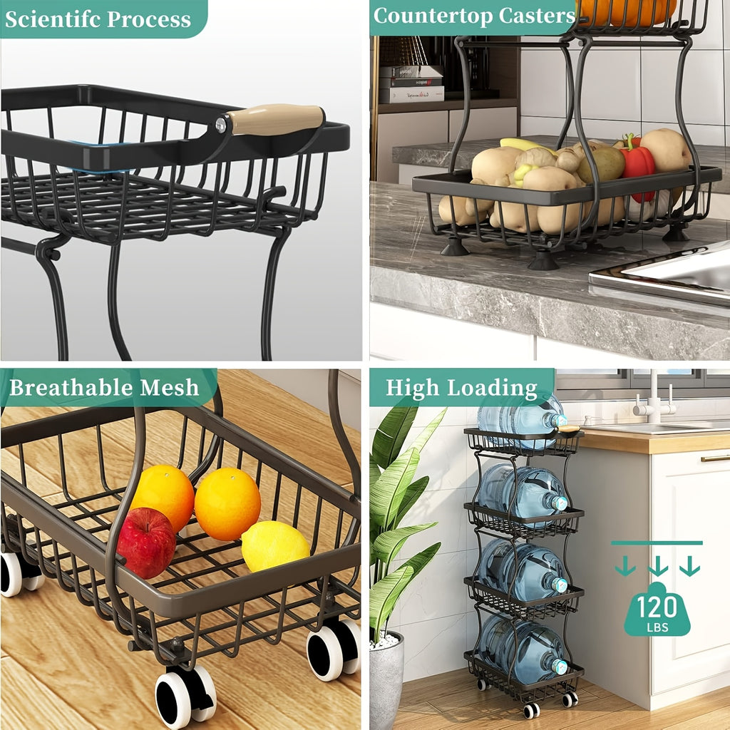 Stackable Metal Fruit & Veg Basket (4/5-Layer, Wheels)