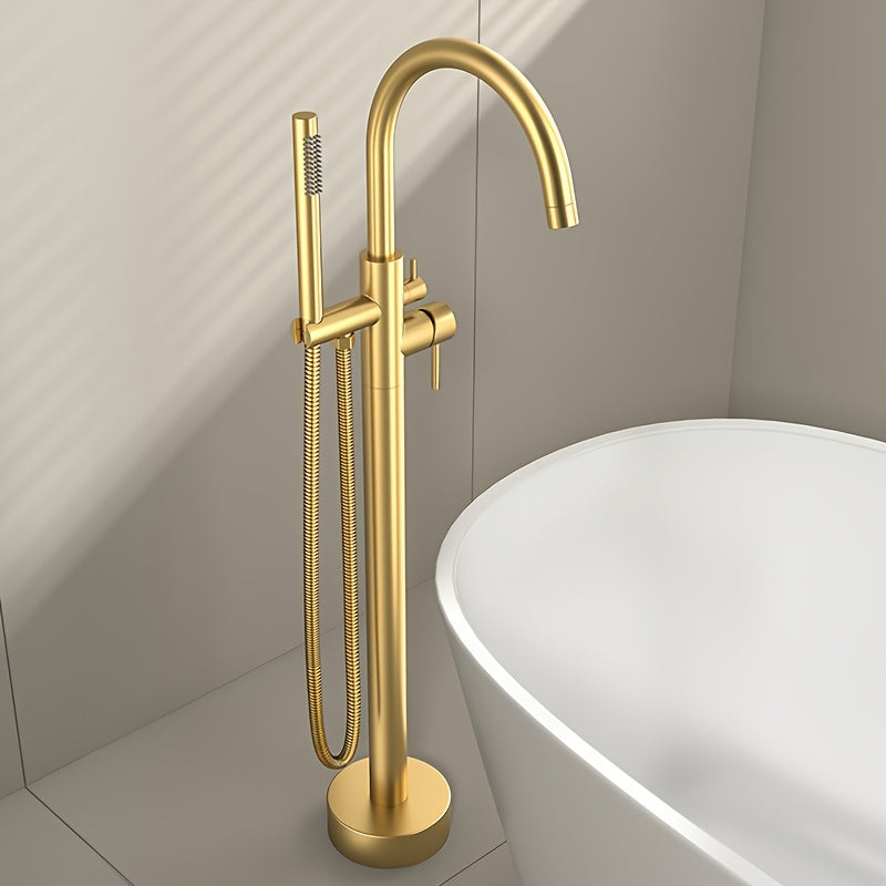 Brushed Brass Ceramic Valve Freestanding Tub Faucet