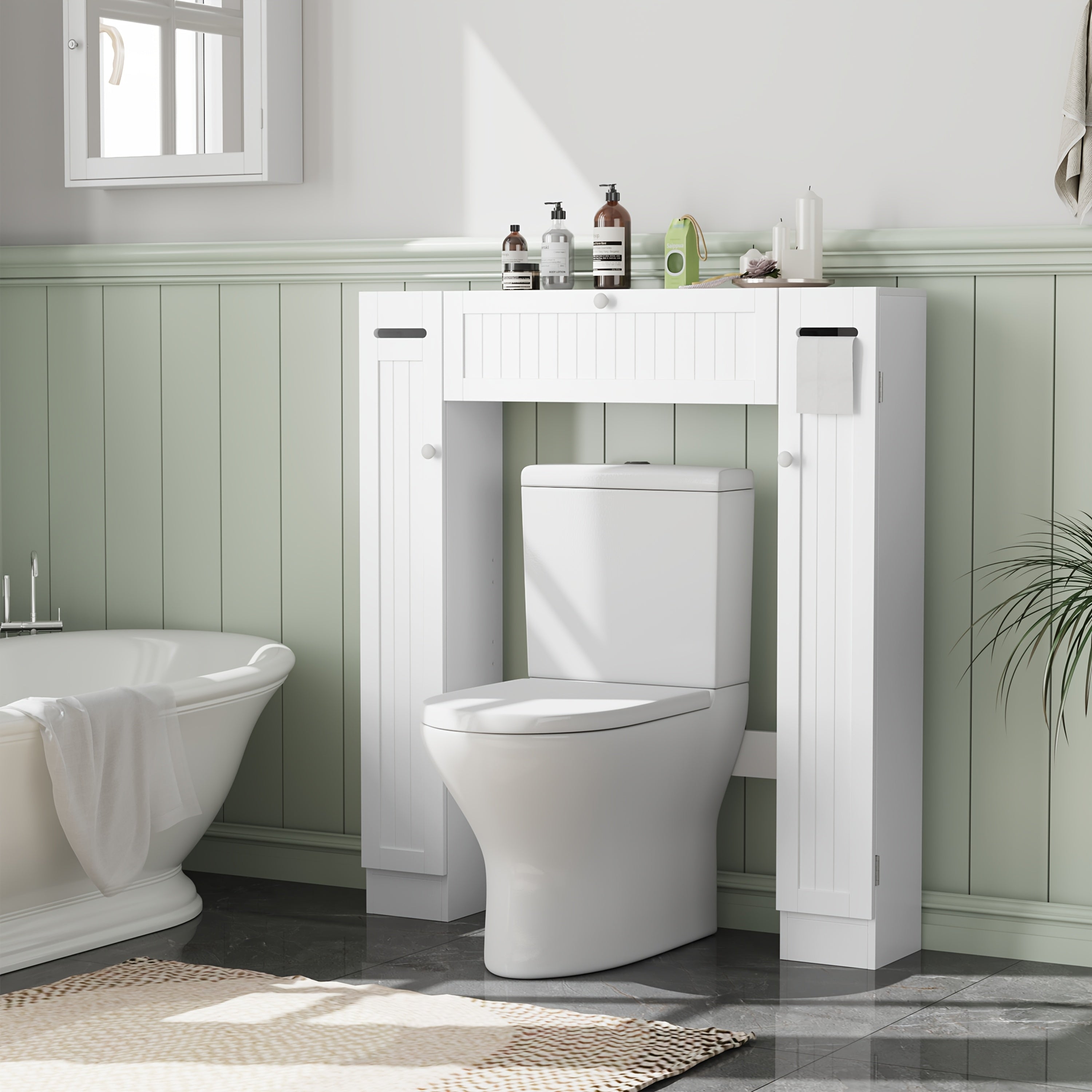 Space-Saving Adjustable Shelves & Toilet Paper Holder Over-Toilet Cabinet