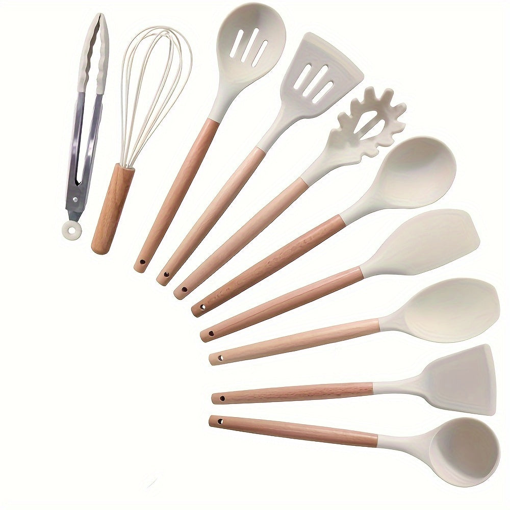 Heat-Resistant Silicone Utensil Set With Wooden Handles (10-Piece)