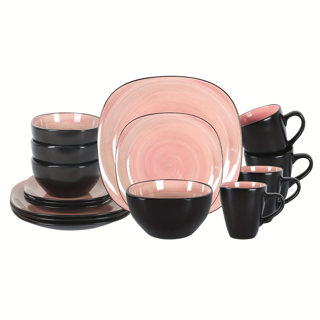 Hand-Brushed Square Stoneware Dinnerware Set (16-Piece)