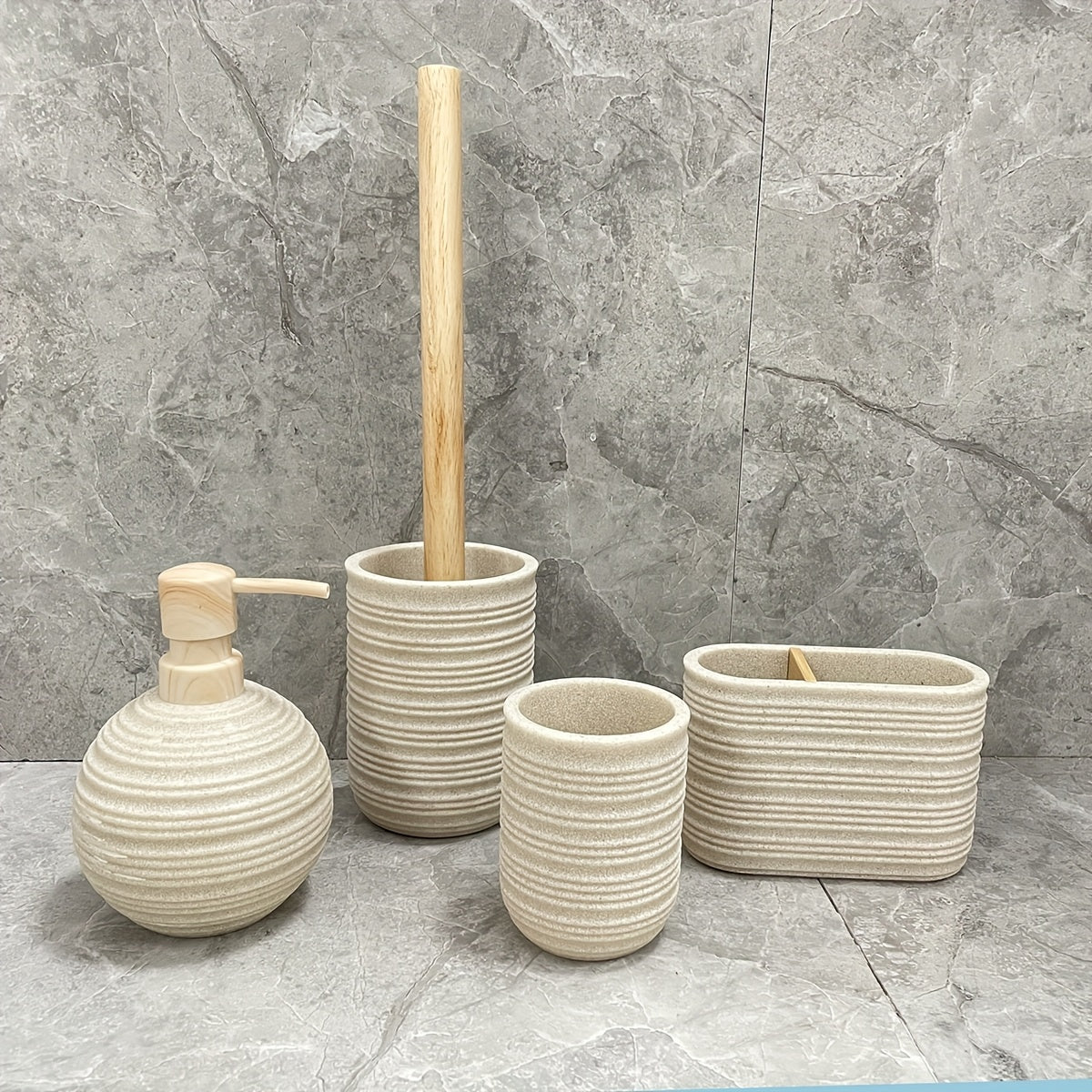 Space-Saving Freestanding Resin & Wood Bathroom Set (4-Piece)