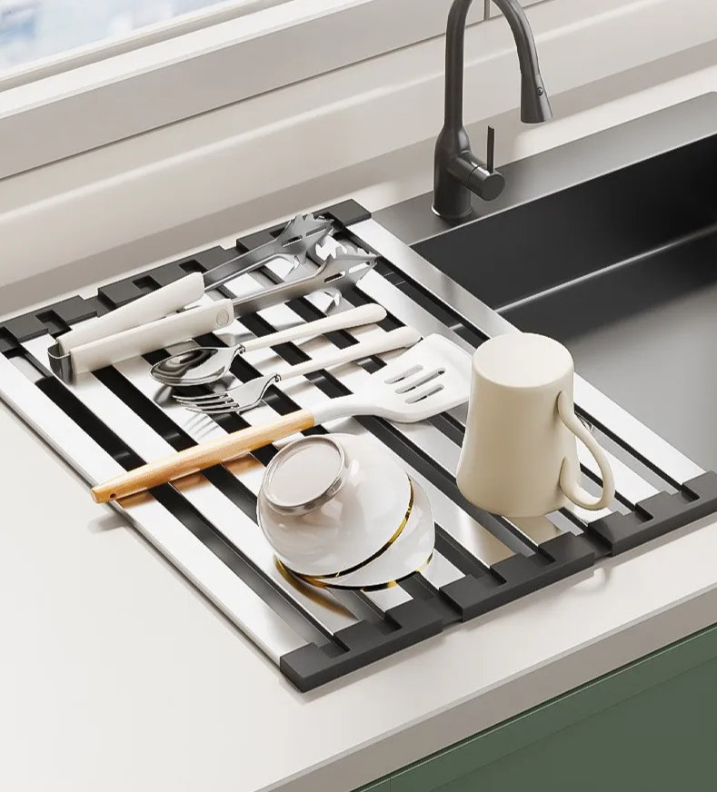 304 Stainless Steel Adjustable & Foldable Over-the-Sink Dish Rack
