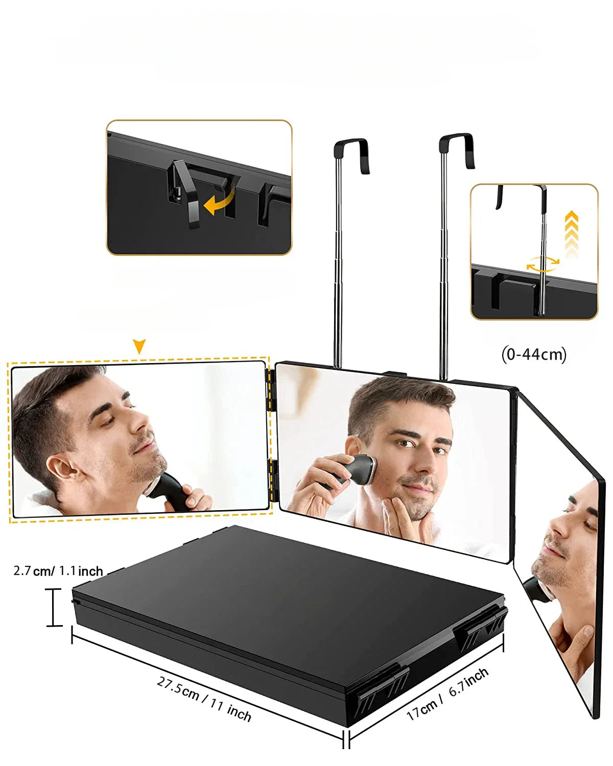 360° Rotating 3-Panel Makeup Mirror (Telescopic Hook)