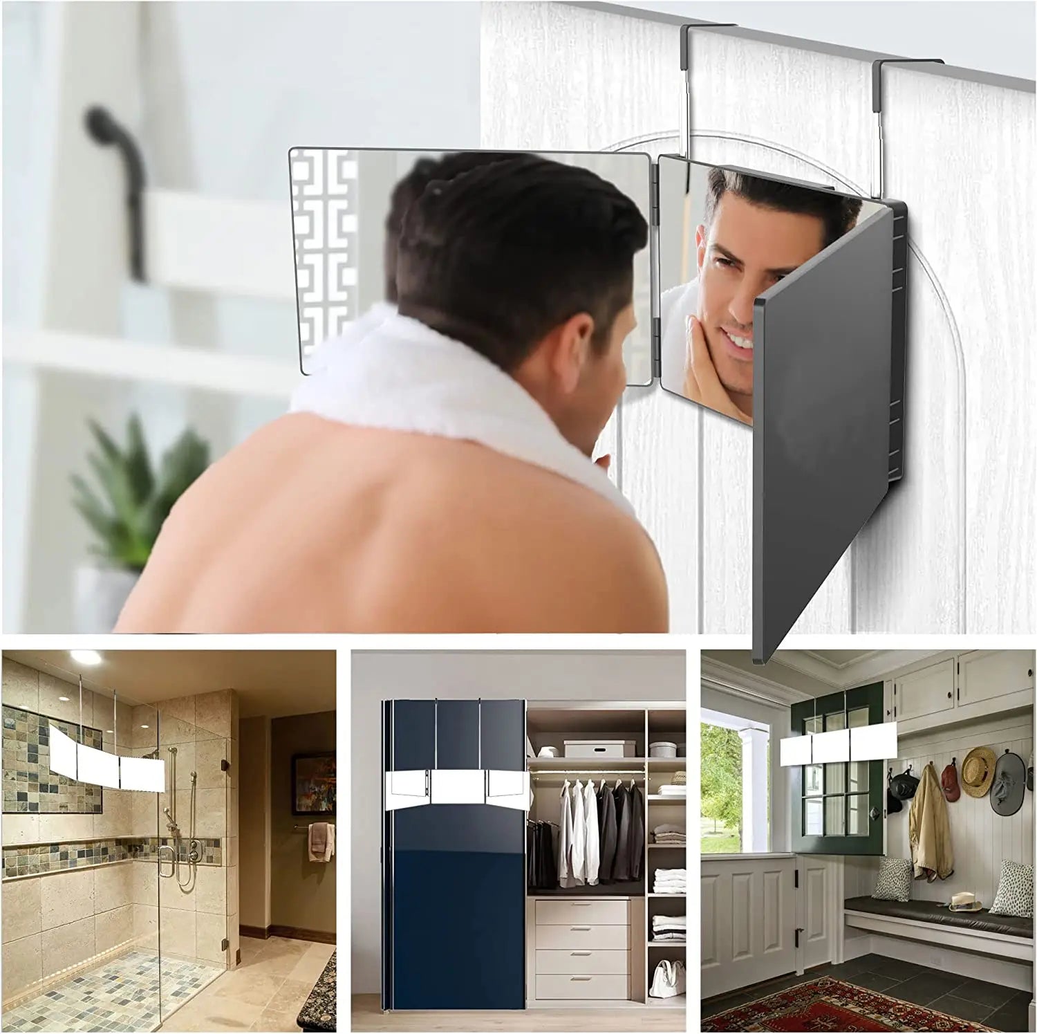 360° Rotating 3-Panel Makeup Mirror (Telescopic Hook)