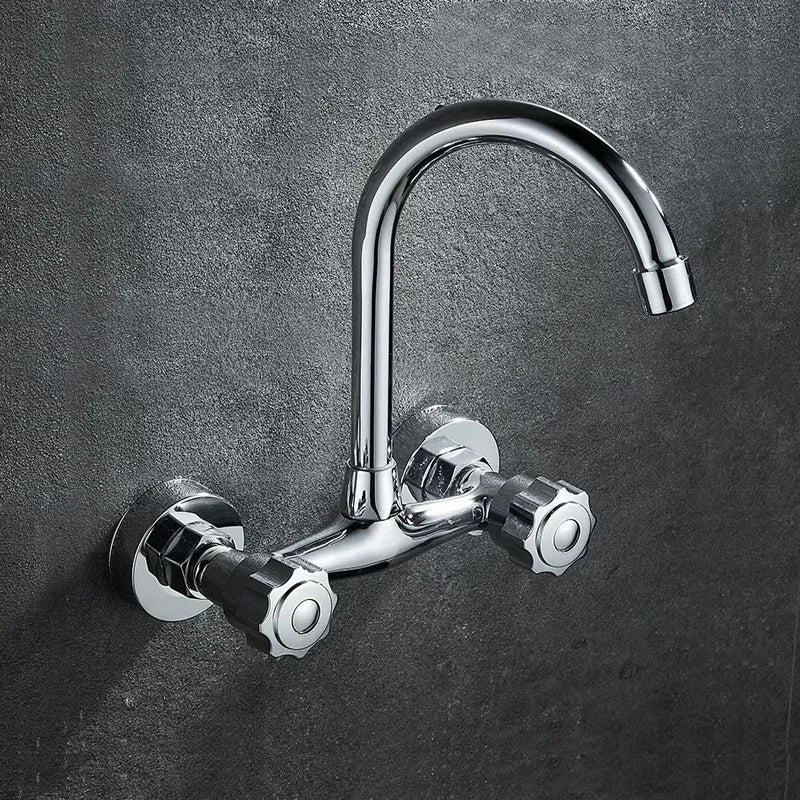360° Rotating Dual-Handle Stainless Steel Wall-Mounted Kitchen Faucet