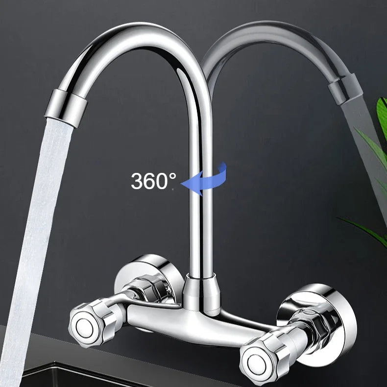 360° Rotating Dual-Handle Stainless Steel Wall-Mounted Kitchen Faucet