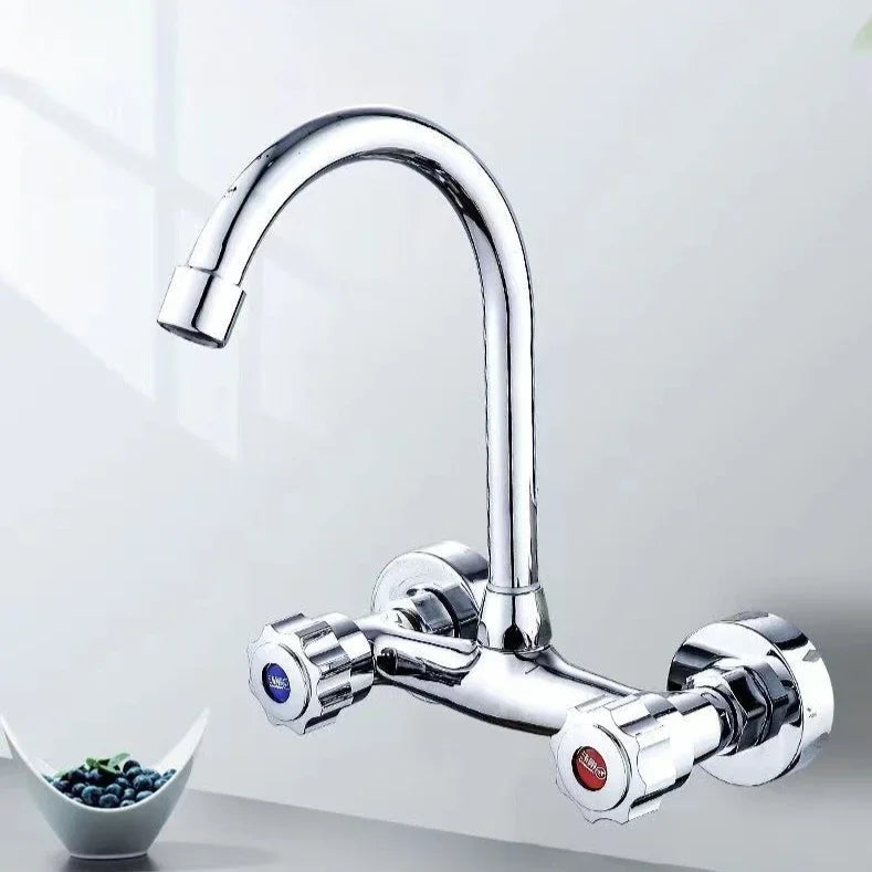360° Rotating Dual-Handle Stainless Steel Wall-Mounted Kitchen Faucet