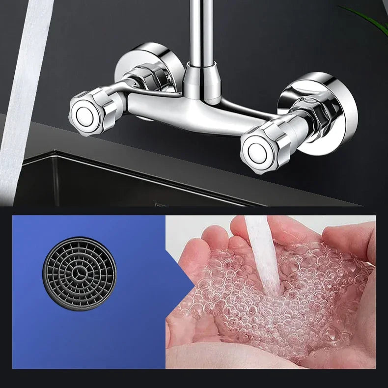 360° Rotating Dual-Handle Stainless Steel Wall-Mounted Kitchen Faucet