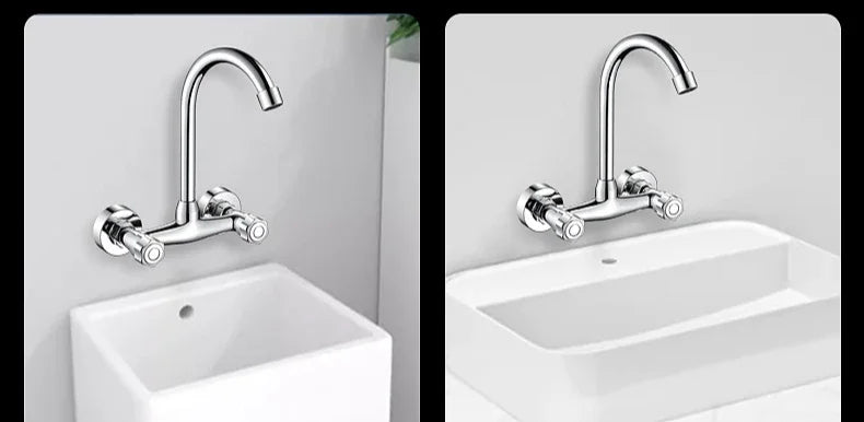360° Rotating Dual-Handle Stainless Steel Wall-Mounted Kitchen Faucet