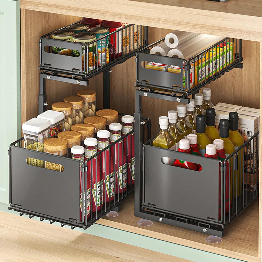 Adjustable L-Shaped Carbon Steel Pull-Out Under-Sink Organizer (2-Tier)