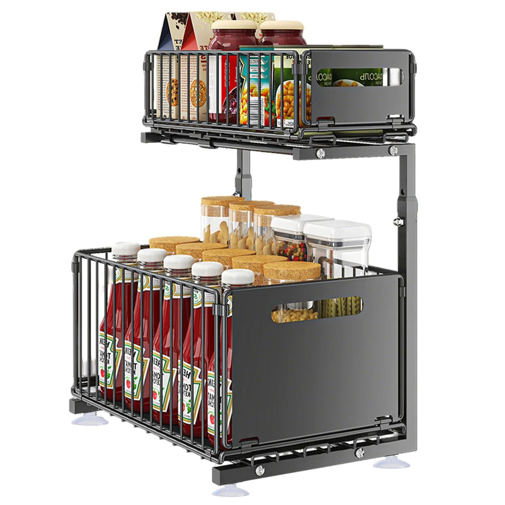 Adjustable L-Shaped Carbon Steel Pull-Out Under-Sink Organizer (2-Tier)