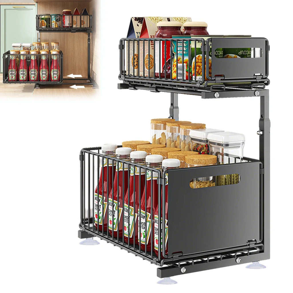 Adjustable L-Shaped Carbon Steel Pull-Out Under-Sink Organizer (2-Tier)